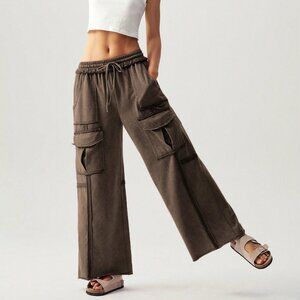 Coffee Brown Casual Women's Vacation Knit 3d Pocket Wide Leg Pants
